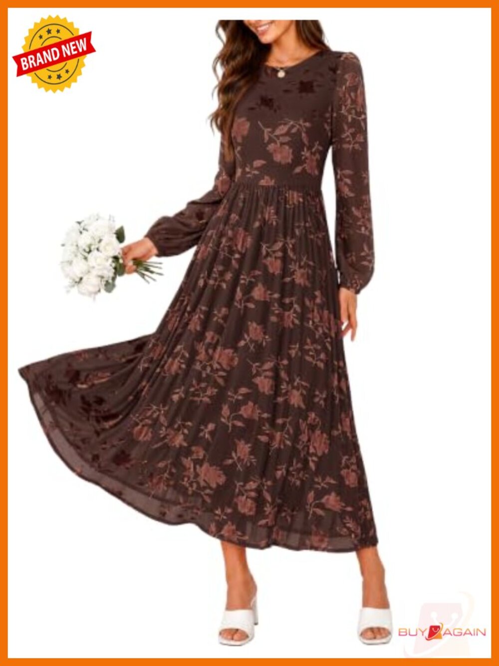 Floral Midi Dress Long Sleeve A-Line Swing Boho Wedding Guest Fall